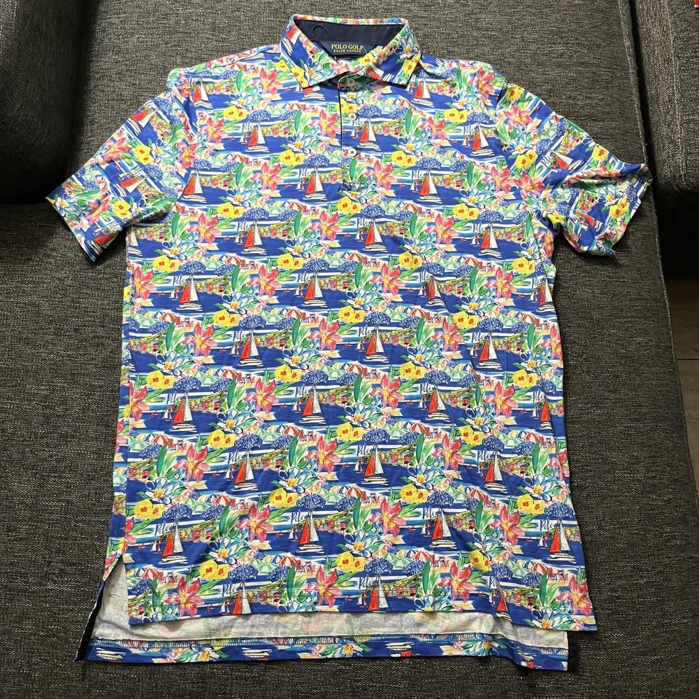 Polo Golf Ralph Lauren Polo Shirt Mens Medium Multi Scenic Floral Sailboat Print